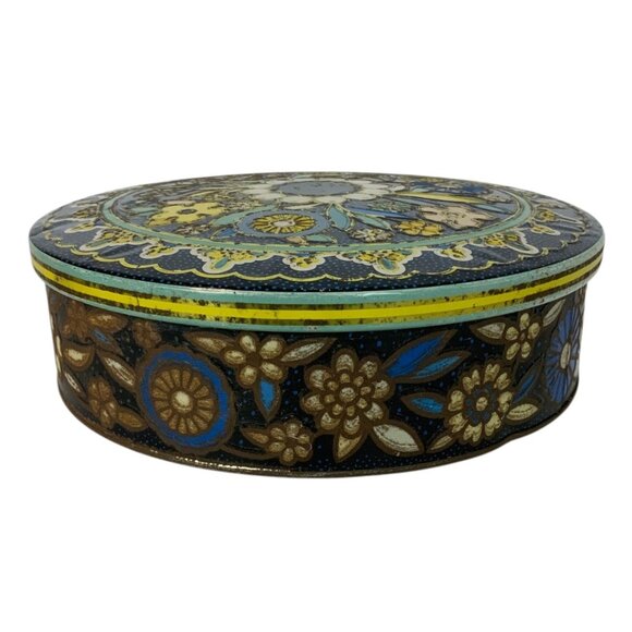 Vintage Daher Enameled Floral Tin Biscuit Box Round Decorative Design England - Picture 3 of 6
